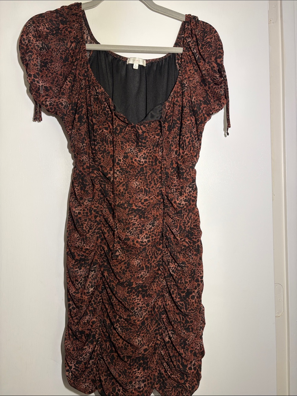 Ultra Flirt Ruched Brown & Black Animal-Print Midi Dress